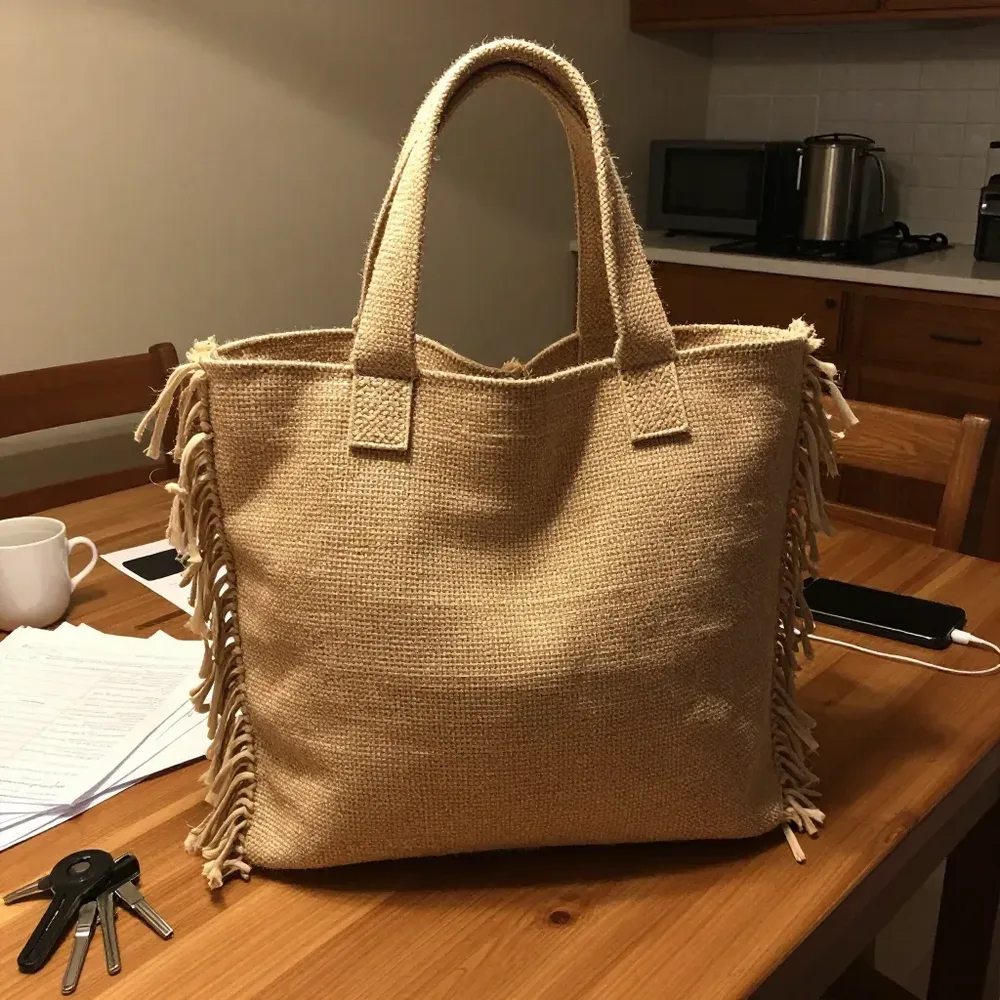 Sac en raphia photographié sur un fond encombré