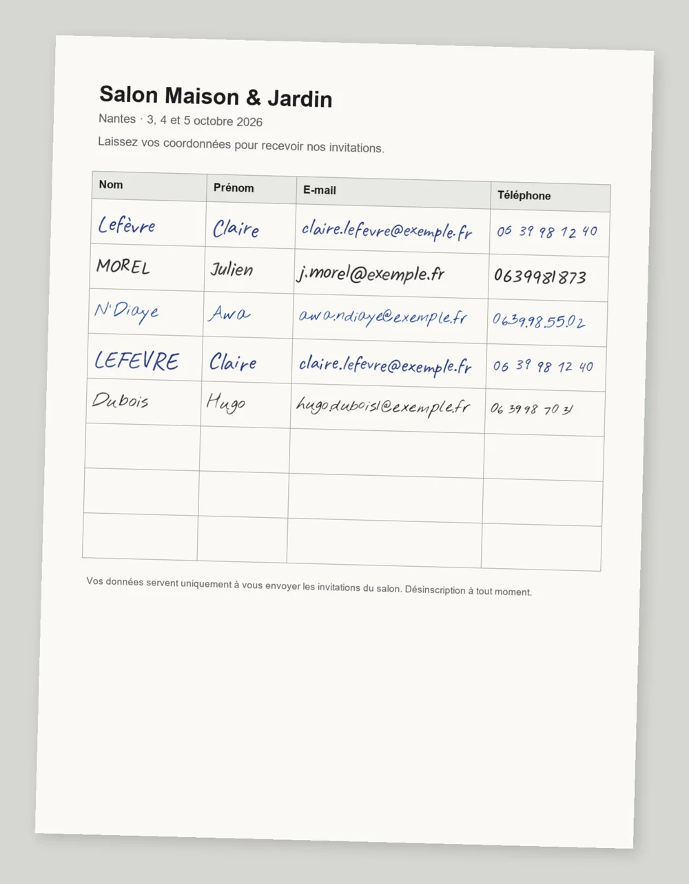 Feuille d’inscription du Salon Maison & Jardin remplie à la main par cinq visiteurs